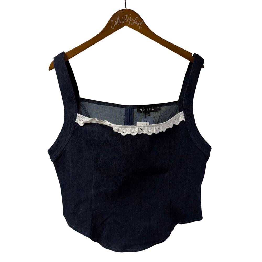 Motel Structured Corset Crop Tank Dark Wash Denim With Lace Trim XXL Kayatra